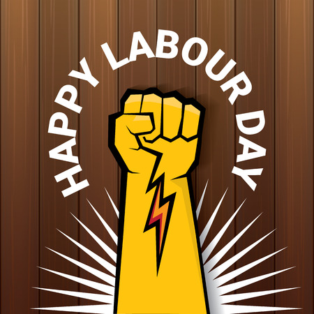 Happy labour day vector label with strong orange fist on wooden background. vector happy labor day background or banner with man hand. workers may day poster designのイラスト素材