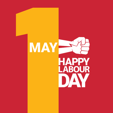 Happy labour day vector label with strong orange fist on red background. labor day background or banner with man hand. workers may day posterのイラスト素材