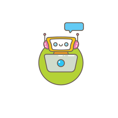 cute chatbot character or intelligent assistant with speech bubble isolated on white background. Vector Funny robot assistant, chatter botのイラスト素材