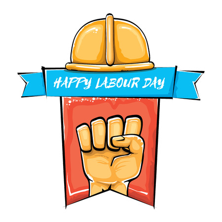 Happy labour day vector label with strong orange fist isolated on white background. vector happy labor day background with man hand. workers may day posterのイラスト素材