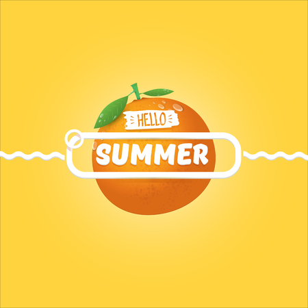 Vector Hello Summer label or flyer Design template with fresh orange fruit isolated on orange background. Hello summer concept label or poster with fruit and letternig textのイラスト素材