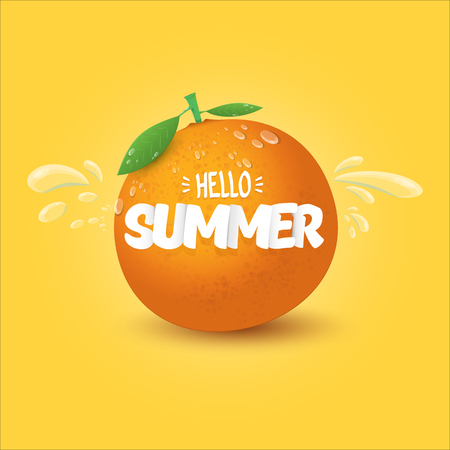 Vector Hello Summer label or flyer Design template with fresh orange fruit isolated on orange background. Hello summer concept label or poster with fruit and letternig textのイラスト素材