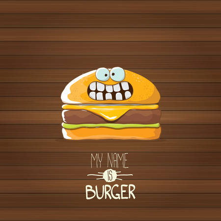 vector cartoon tiny burger character with cheese, meat and salad icon isolated on wooden background. my name is burger vector concept illustrationのイラスト素材