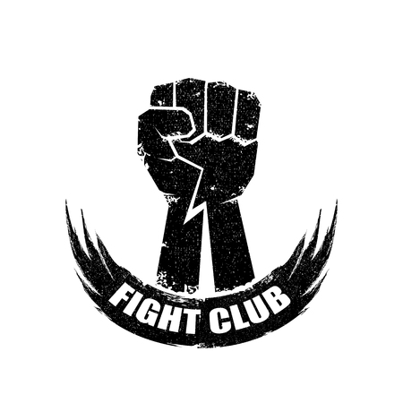 fight club vector logo or label with grunge black man fist isolated on white background. MMA Mixed martial arts concept design template. Fighting club label for print on teeのイラスト素材