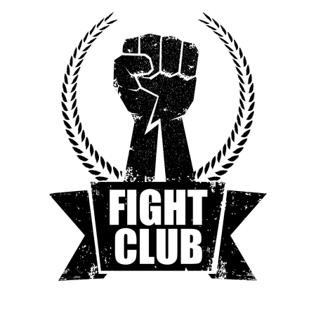fight club vector logo or label with grunge black man fist isolated on white background. MMA Mixed martial arts concept design template. Fighting club label for print on teeのイラスト素材