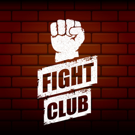 fight club vector logo or label with grunge black man fist isolated on brick wall background. MMA Mixed martial arts concept design template. Fighting club label for print on teeのイラスト素材