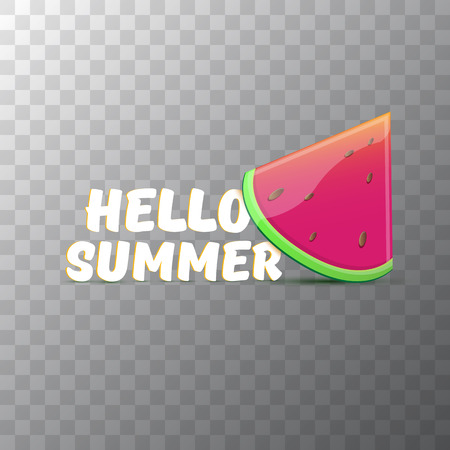 Vector Hello Summer Beach Party Flyer Design template with fresh watermelon slice isolated on transparent background. Hello summer concept label or poster with fruit and typographic textのイラスト素材