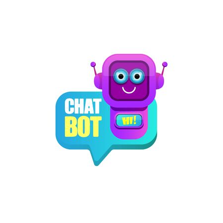 cute chatbot character or intelligent assistant with speech bubble isolated on white background. Vector Funny robot assistant, chatter bot, helper chatbot logo or labelのイラスト素材