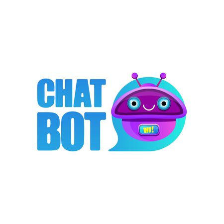 cute chatbot character or intelligent assistant with speech bubble isolated on white background. Vector Funny robot assistant, chatter bot, helper chatbot logo or labelのイラスト素材