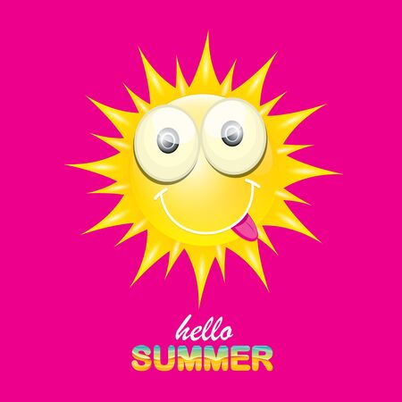 vector hello summer creative label with smiling shiny sun isolated on pink background. summer party background with funky sun character design template. vector summer iconのイラスト素材