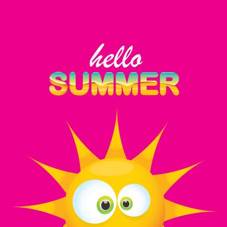 vector hello summer creative label with smiling shiny sun isolated on pink background. summer party background with funky sun character design template. vector summer iconのイラスト素材