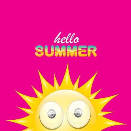 vector hello summer creative label with smiling shiny sun isolated on pink background. summer party background with funky sun character design template. vector summer iconのイラスト素材