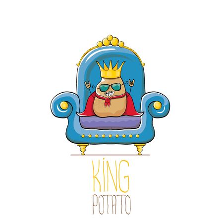 vector funny cartoon cute brown smiling king potato with golden royal crown and red mantle or cape sitting on blue throne isolated on white background. vegetable funky food drawn characterのイラスト素材