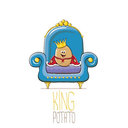 vector funny cartoon cute brown smiling king potato with golden royal crown and red mantle or cape sitting on blue throne isolated on white background. vegetable funky food drawn characterのイラスト素材
