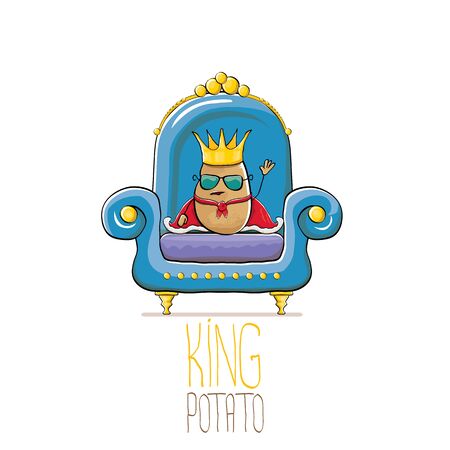 vector funny cartoon cute brown smiling king potato with golden royal crown and red mantle or cape sitting on blue throne isolated on white background. vegetable funky food drawn characterのイラスト素材