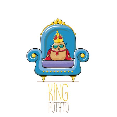 vector funny cartoon cute brown smiling king potato with golden royal crown and red mantle or cape sitting on blue throne isolated on white background. vegetable funky food drawn characterのイラスト素材