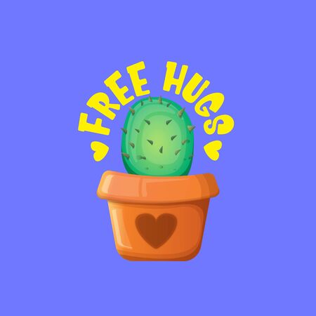 Free hugs text and cartoon green cactus in pot isolated on violet background. funny houseplant icon with quote or slogan for print on tee. International free hugs day conceptのイラスト素材