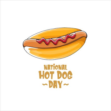 National hot dog day poster with funny cartoon hot dog. Hot dog day label or print for tee isolated on white backgroundのイラスト素材