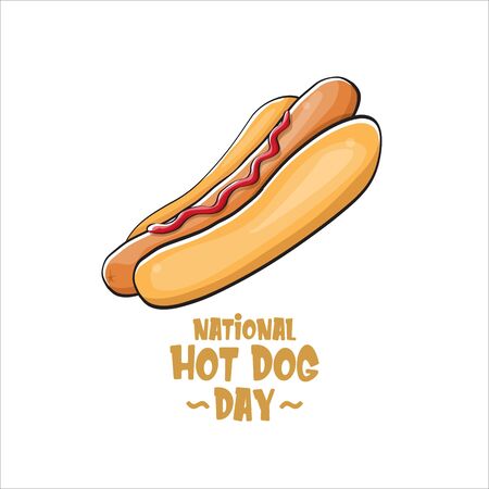 National hot dog day poster with funny cartoon hot dog. Hot dog day label or print for tee isolated on white backgroundのイラスト素材