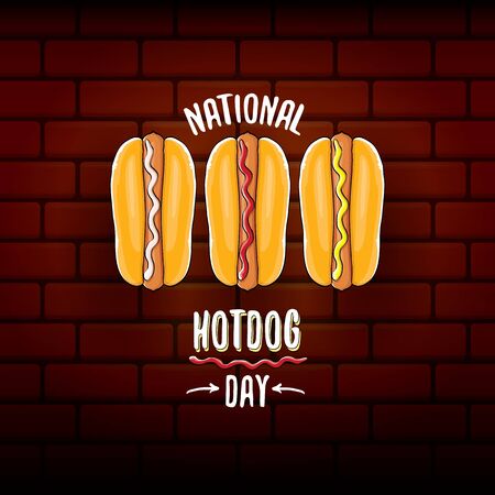 National hot dog day poster with funny cartoon hot dog. Hot dog day label or print for tee.のイラスト素材