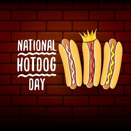 National hot dog day poster with funny cartoon hot dog. Hot dog day label or print for tee.のイラスト素材