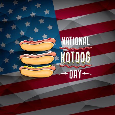 National hot dog day poster with funny cartoon hot dog. Hot dog day label or print for tee isolated on usa flag background.のイラスト素材