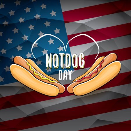 National hot dog day poster with funny cartoon hot dog. Hot dog day label or print for tee isolated on usa flag background.のイラスト素材