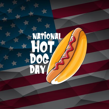 National hot dog day poster with funny cartoon hot dog. Hot dog day label or print for tee isolated on usa flag background.のイラスト素材