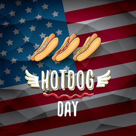 National hot dog day poster with funny cartoon hot dog. Hot dog day label or print for tee isolated on usa flag background.のイラスト素材