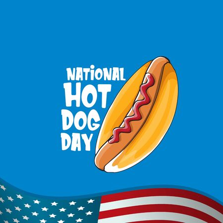 National hot dog day poster with funny cartoon hot dog. Hot dog day label or print for tee isolated on usa flag background.のイラスト素材