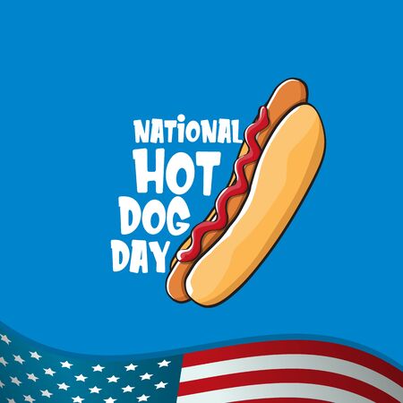 National hot dog day poster with funny cartoon hot dog. Hot dog day label or print for tee isolated on usa flag background.のイラスト素材