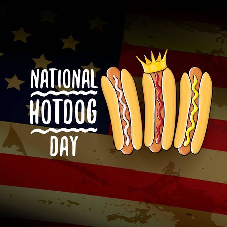 National hot dog day poster with funny cartoon hot dog. Hot dog day label or print for tee isolated on usa flag background.のイラスト素材