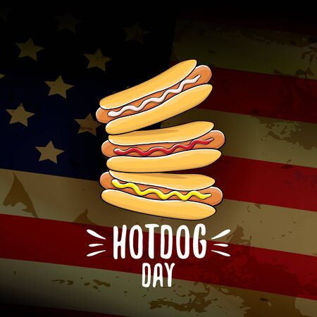 National hot dog day poster with funny cartoon hot dog. Hot dog day label or print for tee isolated on usa flag background.のイラスト素材