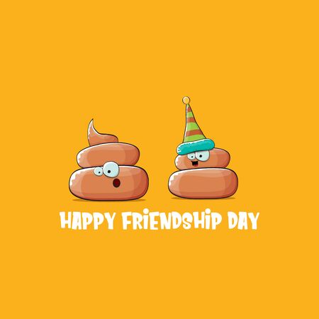 Happy friendship day greeting card with vector funny cartoon poo friends characters isolated on orange background. Best friends conceptのイラスト素材