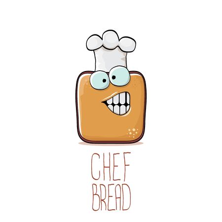 vector funky cartoon smiling toast bread chef character with white chef hat isolated on white background. Bakery or kids cafe funky logo or mascot design templateのイラスト素材