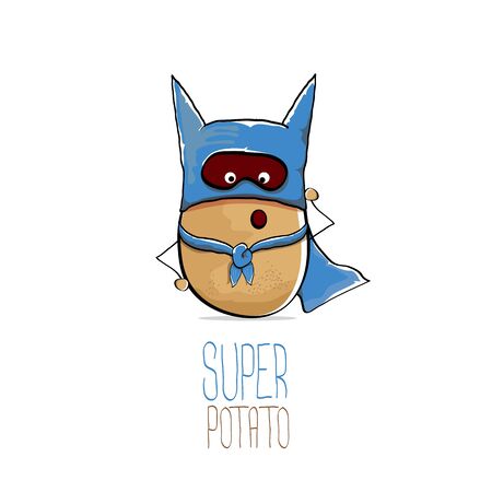 vector funny cartoon cute brown super hero potato with blue hero cape and hero mask isolated on white background. My name is potato vector concept. super vegetable food characterのイラスト素材