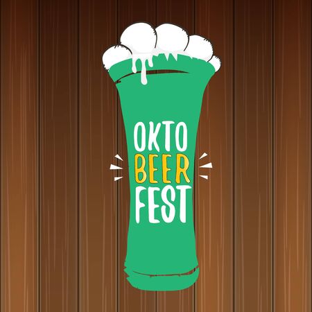 vector oktoberfest vector label with beer glass or beer mug isolated on wooden background. octoberfest vector graphic poster or banner design templateのイラスト素材