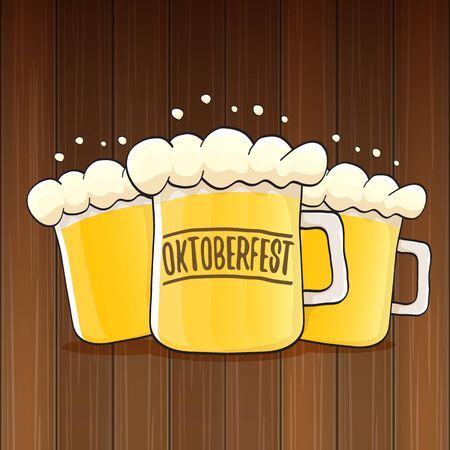 vector oktoberfest vector label with beer glass or beer mug isolated on wooden background. octoberfest vector graphic poster or banner design templateのイラスト素材
