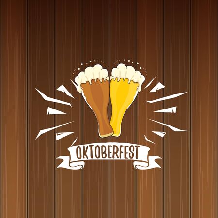 vector oktoberfest vector label with beer glass or beer mug isolated on wooden background. octoberfest vector graphic poster or banner design templateのイラスト素材