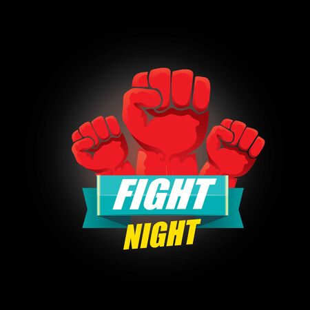 Fight night vector modern poster with text and strong fist. mma, wrestling or fight club emblem design template. fight label isolated on black backgroundのイラスト素材