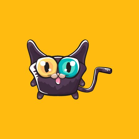 cute black halloween cat isolated on orange background. Cartoon happy black witch kitten with big eyesのイラスト素材