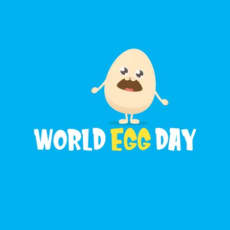 World egg day greeting card with vector funny cartoon cute smiling tiny egg character isolated on blue background. Egg day poster or bannerのイラスト素材
