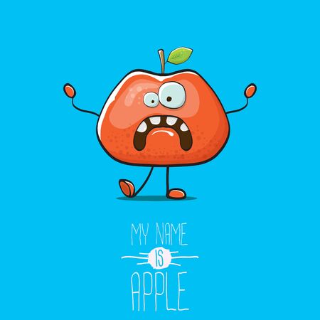 vector funny cartoon cute red apple character isolated on blue background. My name is apple vector concept. super funky fruit summer food characterのイラスト素材