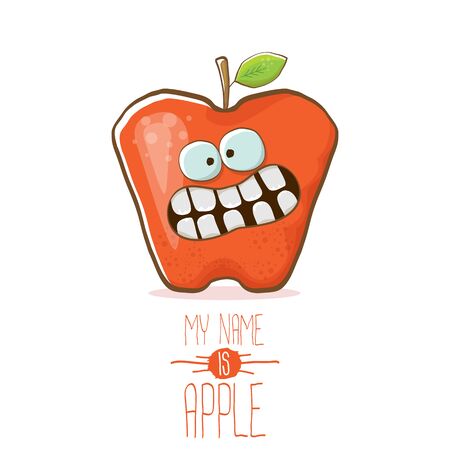 vector funny cartoon cute red apple character isolated on white background. My name is apple vector concept. super funky fruit food characterのイラスト素材