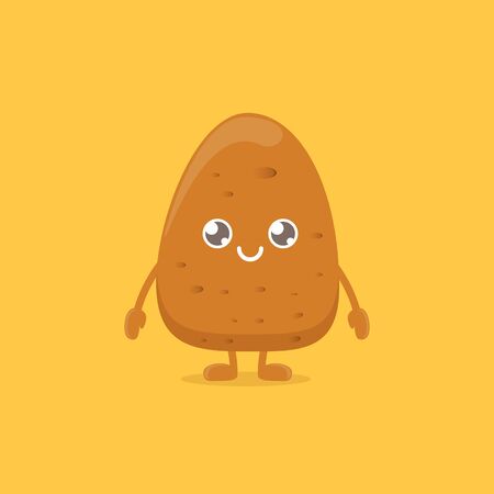 vector funny cartoon cute smiling tiny potato isolated on yellow background. vegetable funky characterのイラスト素材