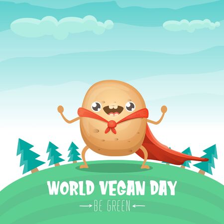 World vegan day banner or greeting card with cute super hero potato with red hero cape on green summer forest background. Super vegetable kawaii food funky characterのイラスト素材
