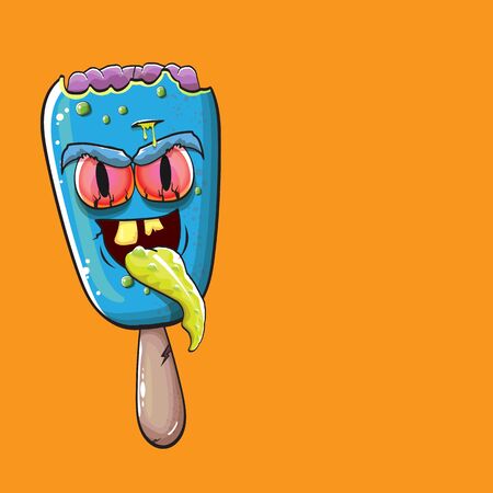 Vector Zombie ice cream with brain and red eyes isolated on orange background. Halloween blue monster ice cream zombie character.のイラスト素材