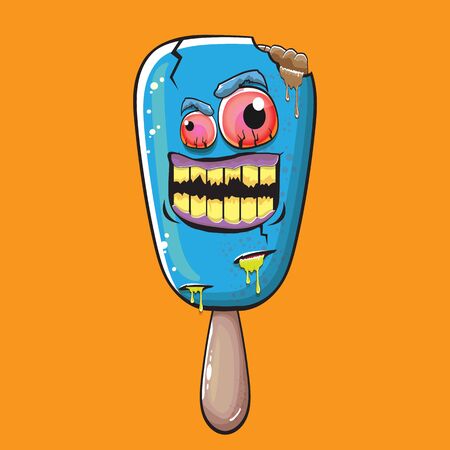 Vector Zombie ice cream with brain and red eyes isolated on orange background. Halloween blue monster ice cream zombie character.のイラスト素材