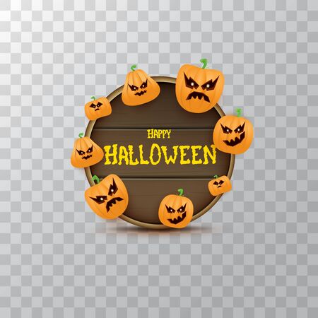 Happy Halloween web wooden board label with Halloween scary pumpkins isolated on transparent background . Funky kids Halloween banner with greeting textのイラスト素材