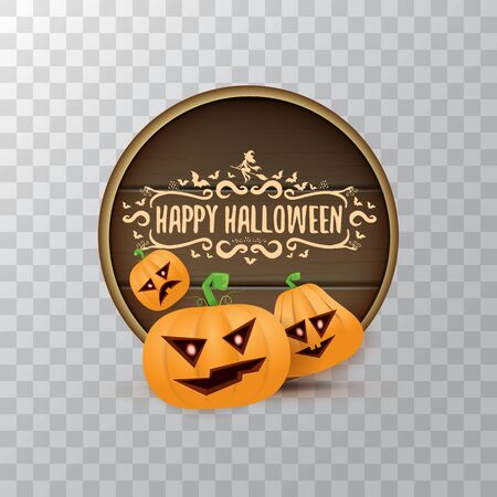 Happy Halloween web wooden label with Halloween scary pumpkins isolated on transparent background . Funky kids Halloween banner with greeting textのイラスト素材